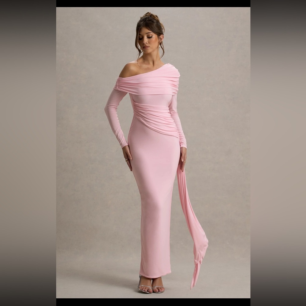 Club L London Valina | Pink Ruched Asymmetric Maxi
Dress With Drape